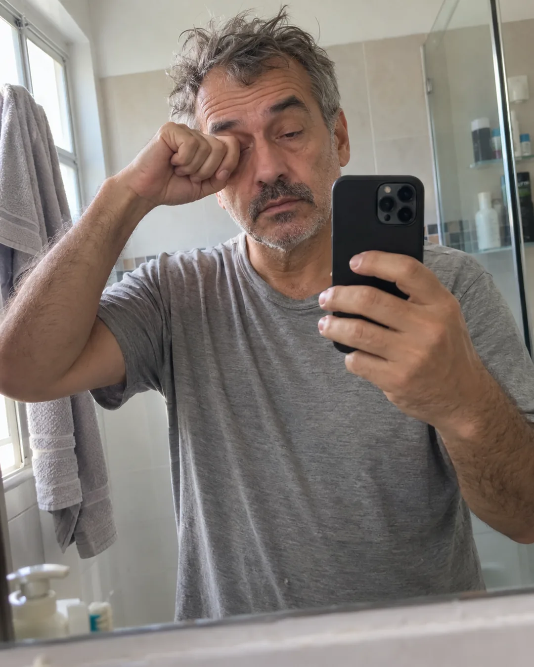 Hombre frotándose el ojo al despertar frente al espejo